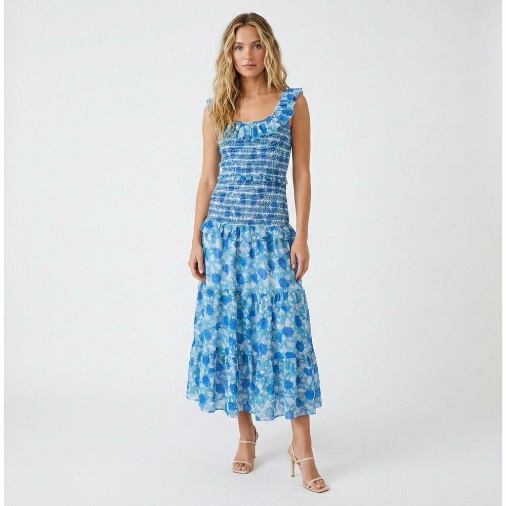 Saylor Jeannie Midi Dress Small Blue Floral Smocked Ruffle Tiered Wedding Guest
